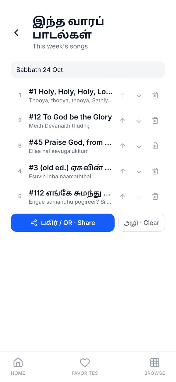 This week’s songs list titled Sabbath 24 Oct with five songs in order